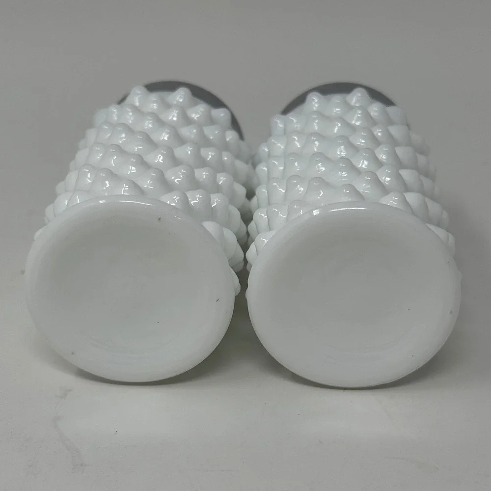 Vintage White Milk Glass Hobnail Salt & Pepper Shakers Chrome Tops Set